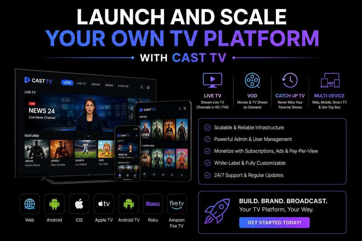 Launch and Scale Your Own TV Platform with Cast TV Cast TV delivers a powerful white-label IPTV / OTT platform designed for modern broadcasters, telecom operators, and content owners who want full control of their TV business.  Whether you're launching a Pay TV service, Live TV streaming, or a Video-On-Demand (VOD) platform, Cast TV gives you everything you need to operate at scale—under your own brand.